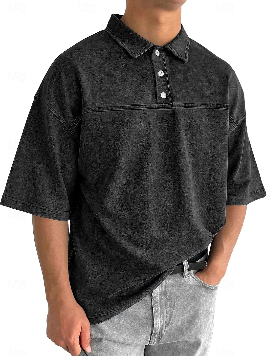 SoftFade™ Heren Zuurwas Shirt Katoen Polo Shirt Casual Zakelijk Ribbel Polo Kraag Korte Mouwen Mode Basic Effen Kleur Kleurblokken Knopen Gewassen Lente  Herfst Loose Fit Zwart Marineblauw 2026 - $31.99 –P2