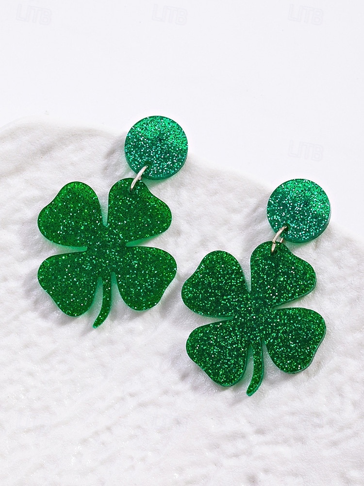 Cercei acrilici cu trifoi pentru femei, cu tematică de Ziua Sfântului Patrick, cercei ușori cu trifoi și sclipici, bijuterii verzi irlandeze în mai multe stiluri, perfecți pentru parade de sărbători, petreceri și ținute festive. 2026 - $7.99 –P7