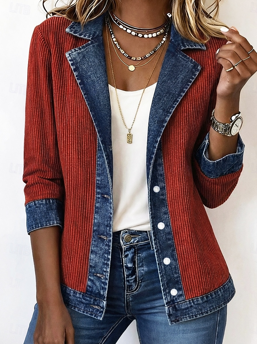 Mulheres Jaqueta de Veludo Jaqueta casual Blusão de ganga Confortável Respirável Patchwork Bloco de cor Botões Moda Casual Bloco de cor Casual Rua Roupa Diária Padrão Aberto para a Lateral Normal de 2026 por $41.99 –P4