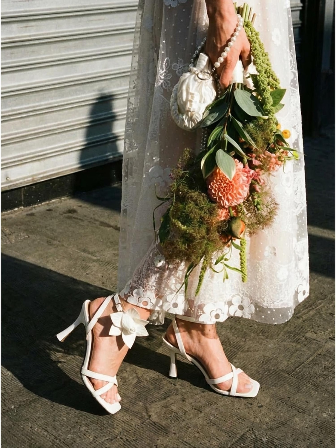Women's White Bridal Sandals - Elegant Square Toe High Heels with Large Floral Ankle Detail for City Weddings, Modern Brides & Formal Receptions 2026 - $54.99 –P1