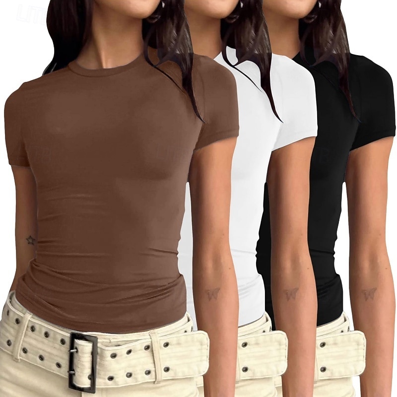 Confezioni multiple Confezione da 3 Femminile Girocollo Manica Corta Nero + bianco + grigio Maglietta Semplice Casuale Quotidiano Poliestere Estate del 2026 a $28.99 –P4