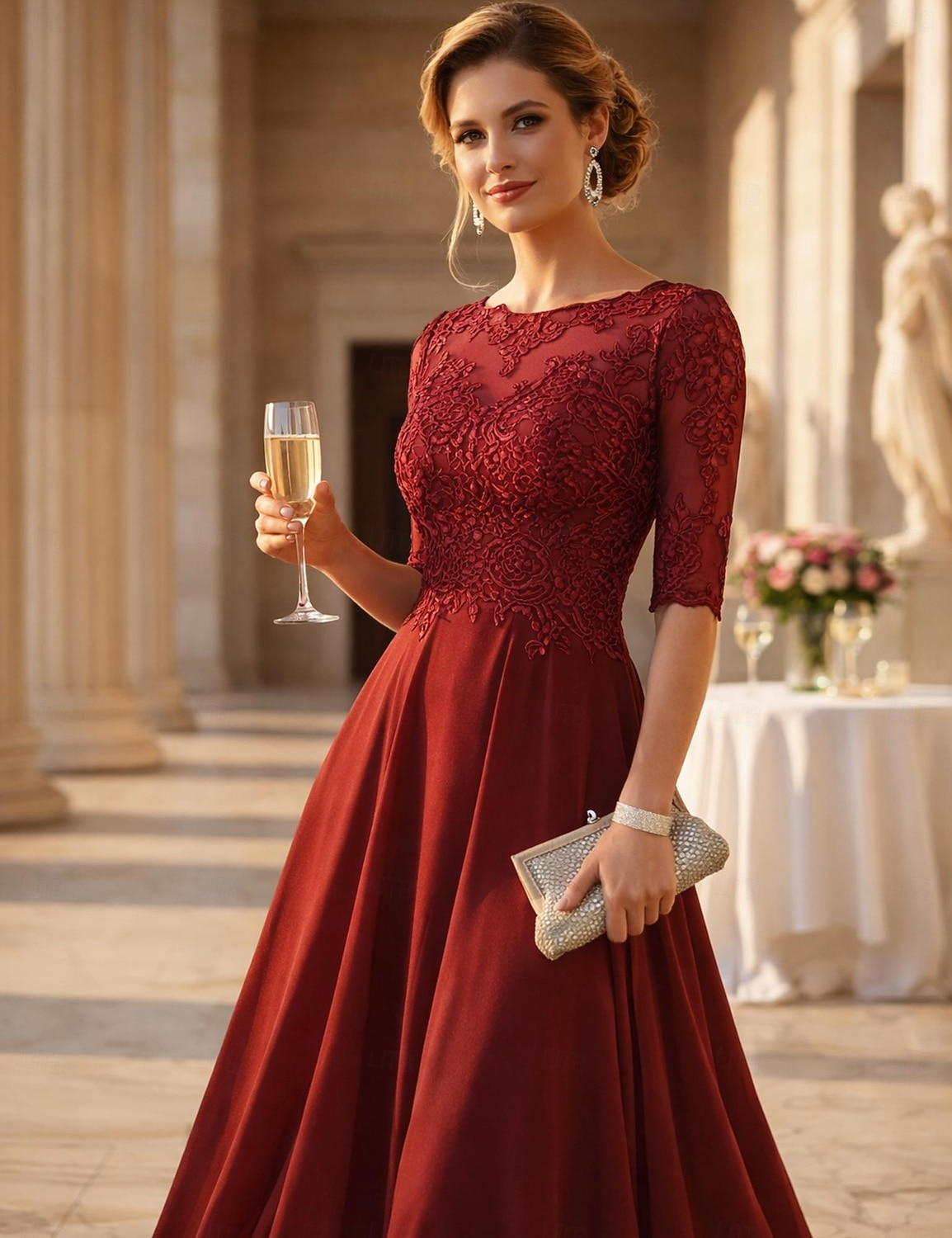 Linea ad A Lunghezza alla caviglia Vestito da Festa Abito da Cocktail Abito da invitata a nozze Abito da cerimonia per signora Mezza Manica Girocollo Elegante Ospite di nozze Ricevimento di del 2026 a $172.99 –P2