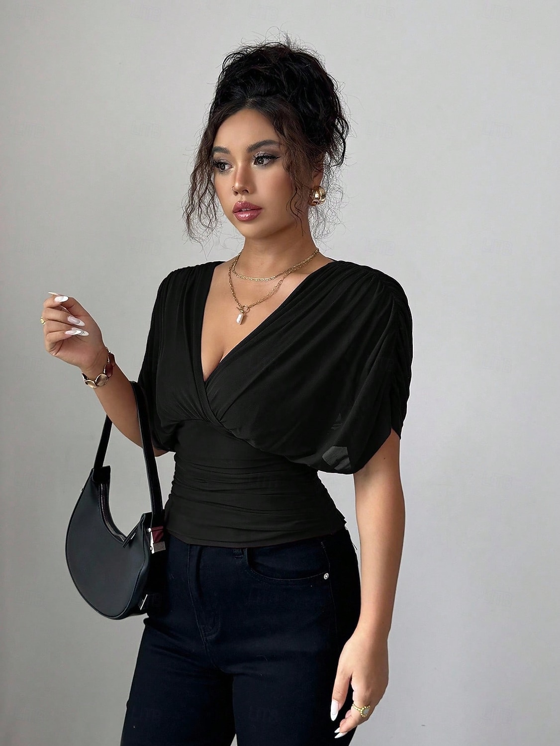 Per donna Blusa Tinta unica Semplice Elegante Vintage Moda Manica Corta Scollo a V Scollo profondo Top Regolari Rosso violaceo Marrone caffè Nero Verde militare Estate Primavera del 2026 a $24.99 –P6