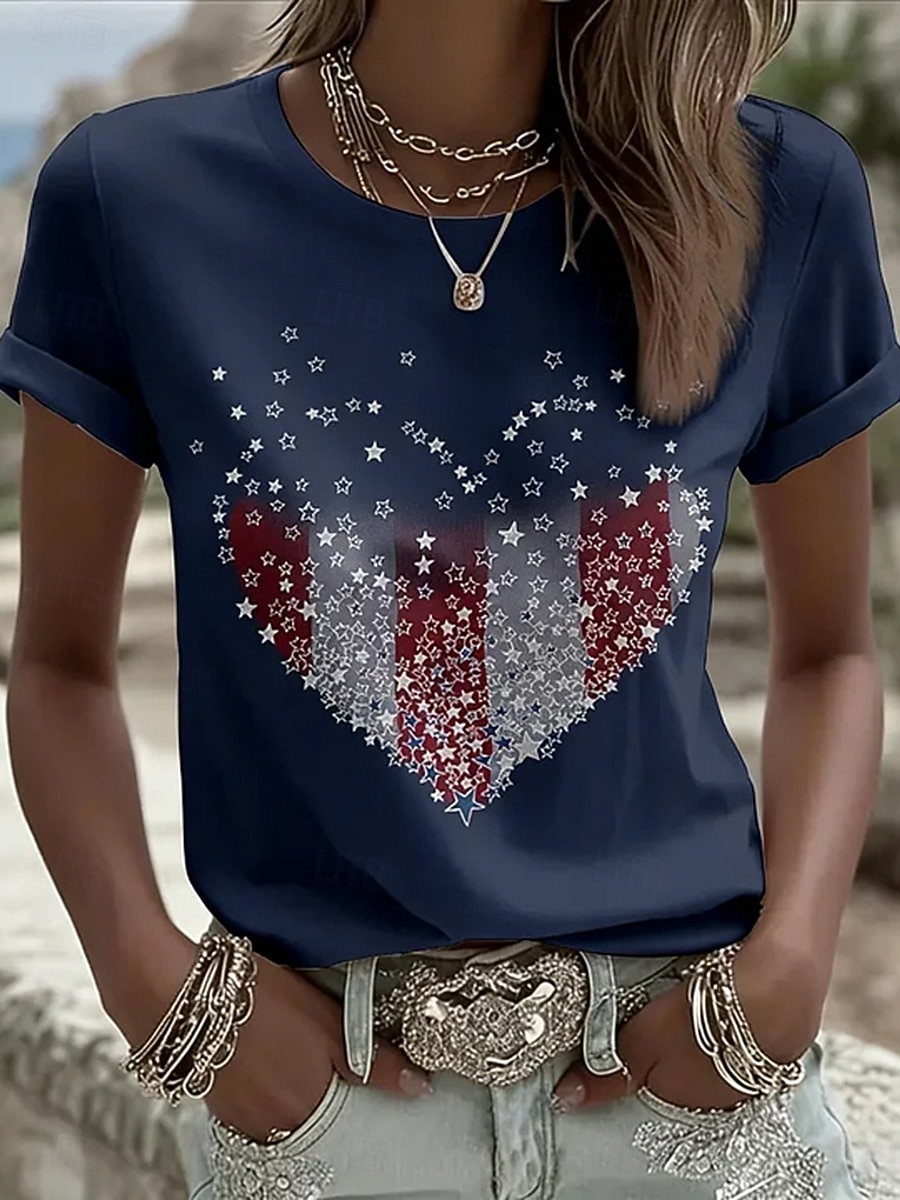 Jour de l'Indépendance Américaine Femmes T-shirt Imprimé Graphique Drapeau Élégant Classique Occasionnel Manche Courte Col ras du cou Col rond Hauts Réguliers Quotidien Bleu Rouge Rouge / Bleu Ét de 2026 ? $22.99 –P1