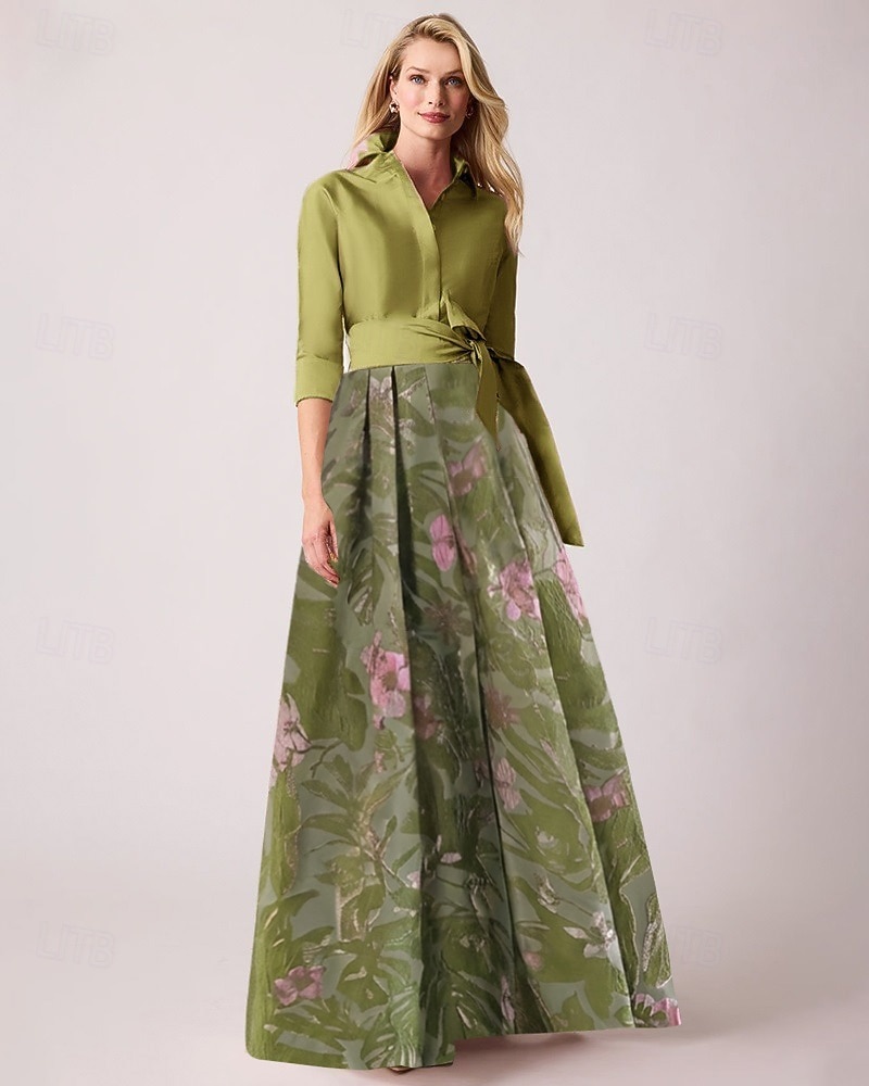 A-Line Floor Length Shirt Dress Wedding Guest Dress Formal Dresses Mother of the Bride Dress Long Sleeve Shirt Collar Elegant Vintage Wedding Formal Nylon with Floral Print Bow(s) Slit 2026 - $186.99 –P6