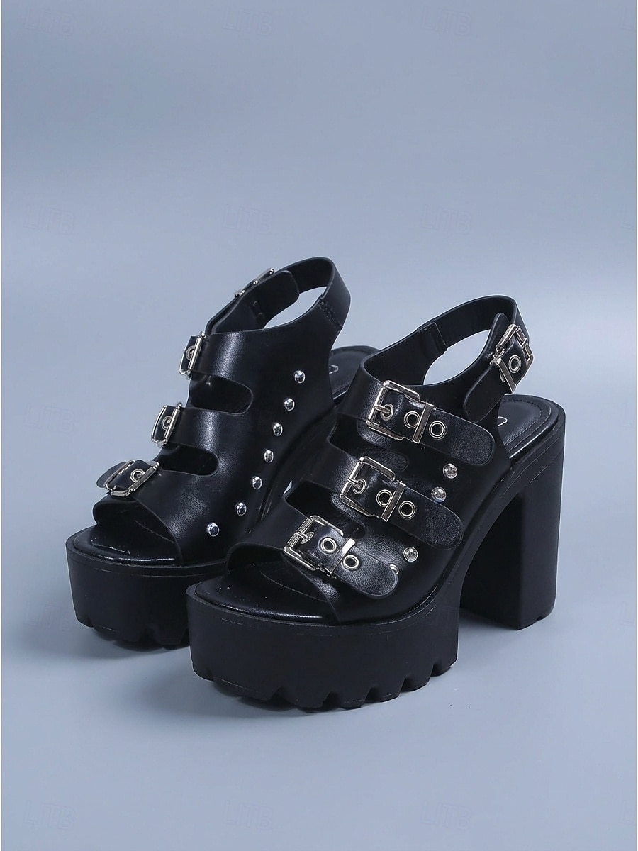 sandali da festival con plateau neri da donna - scarpe con tacco a blocco spesso e suola a carrarmato con cinturini con fibbia borchiata per coachella, rave &concerti estivi all'aperto del 2026 a $42.99 –P8