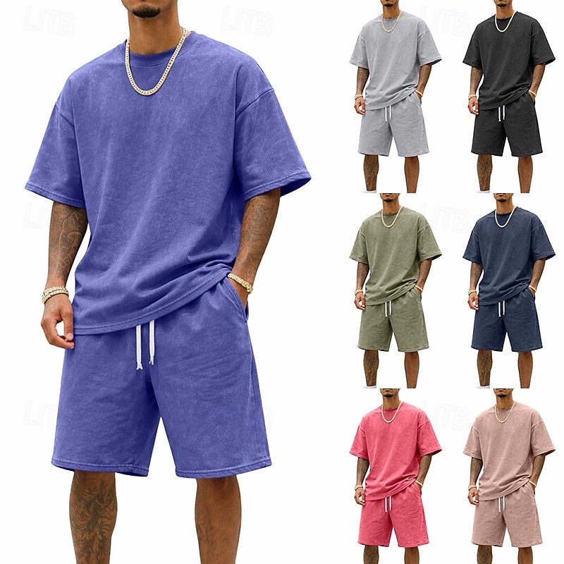 Men T-shirt Suits Tracksuit Shorts and T Shirt Set Short Sleeve Crew Neck Summer Color Block Gymnatics Casual 2 Piece Distressed Casual Vacation Daily Wear Army Green Black Gray Top Tee for Men 2026 - $35.99 –P1