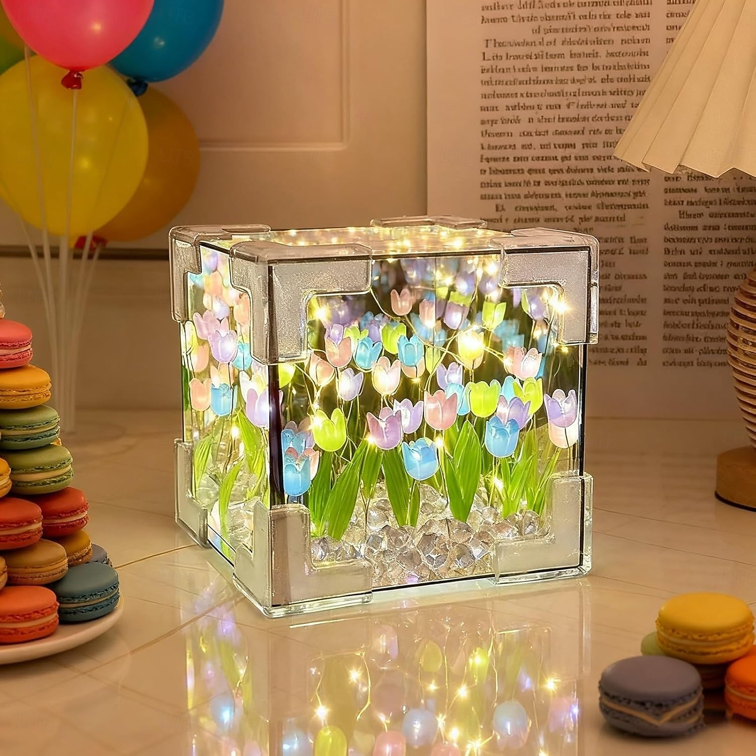 2026年 造花 DIY チューリップ キューブ ミラー ボックス ナイトライト、母の日、誕生日、ロマンチックな装飾のための花のディスプレイギフト &家庭的な雰囲気、組み立てキット  コレクション – $14.49 –P4