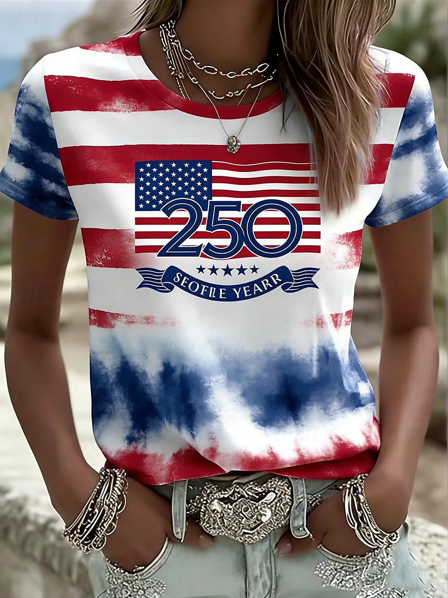 Giorno dell'Indipendenza Anniversary Americano Maglietta Patriottica da Donna Stampa Grafica Bandiera Nazionale Vintage Elegante Classica Manica Corta Collo Tondo Regolare Top Giornalieri Weekend Blu del 2026 a $22.99 –P3