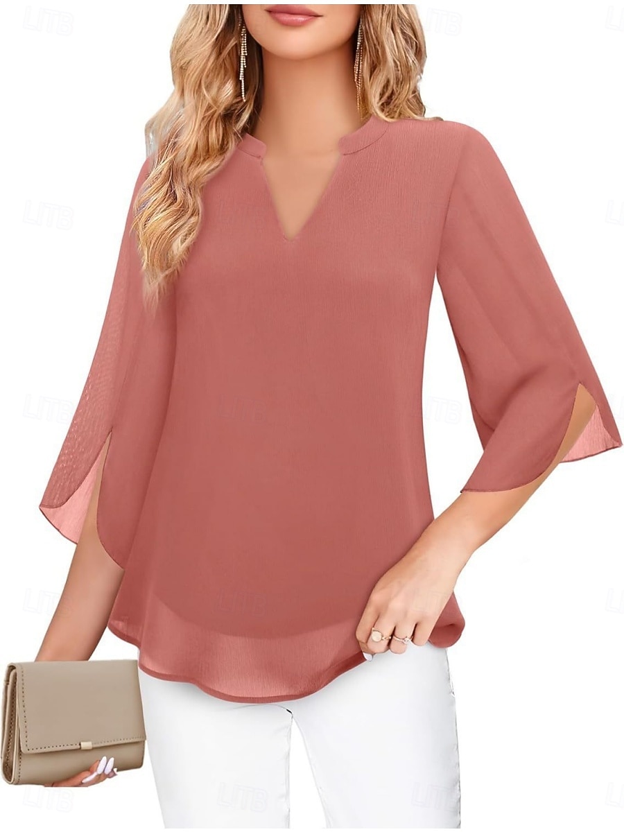 Women's Blouse Solid Color Elegant Stylish Casual 3/4 Length Sleeve V Neck Regular Tops Daily Pink Wine Red Royal Blue Green Summer Spring 2026 - $21.99 –P20