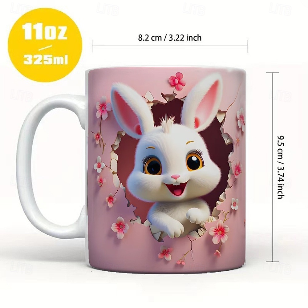 Hrnek na kávu o objemu 293 ml s roztomilým 3D motivem kočky, králíka a ptáka, termohrnek z keramiky, opakovaně použitelný, pouze ruční mytí, rozkošný zvířecí design s květinami, perfektní dárek ke 2026 - $16.99 –P27