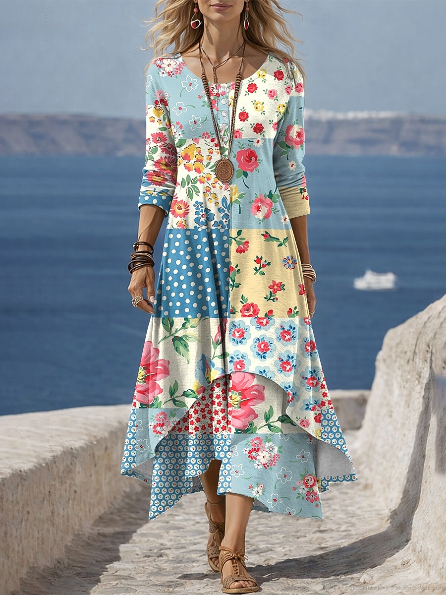 Women's Midi Dress Shift Dress Casual Daily Holiday Regular Fit Floral Graphic Long Sleeve Crew Neck Blue Pink Green Summer Spring 2026 - $48.99 –P1