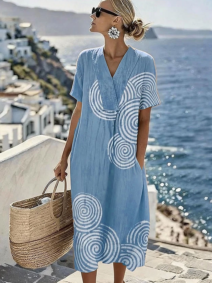 Dame Midikjole Solkjole Kjole med A-linje Ferie Fritid Strandstil Strand Fest Løstsittende Grafisk Geometrisk Kortermet V-hals Blå Lilla Grønn Kakifarget Sommer Vår 2026 - $15.99 –P2