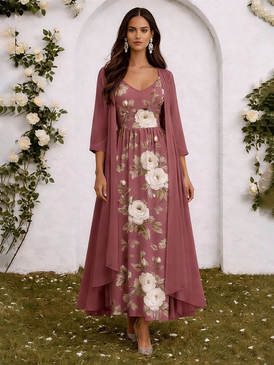 Γυναικεία Σετ Φόρεμα Φόρεμα σε γραμμή Α Κομψό Διακοπές Φλοράλ Γραφική Πολυεπίπεδο Στάμπα Μακρύ φόρεμα 3/4 Μήκος Μανικιού Λαιμόκοψη V Επίσημο Ανθισμένο Ροζ Βυσσινί Πράσινο του τριφυλλιού 2026 - $51.99 –P6