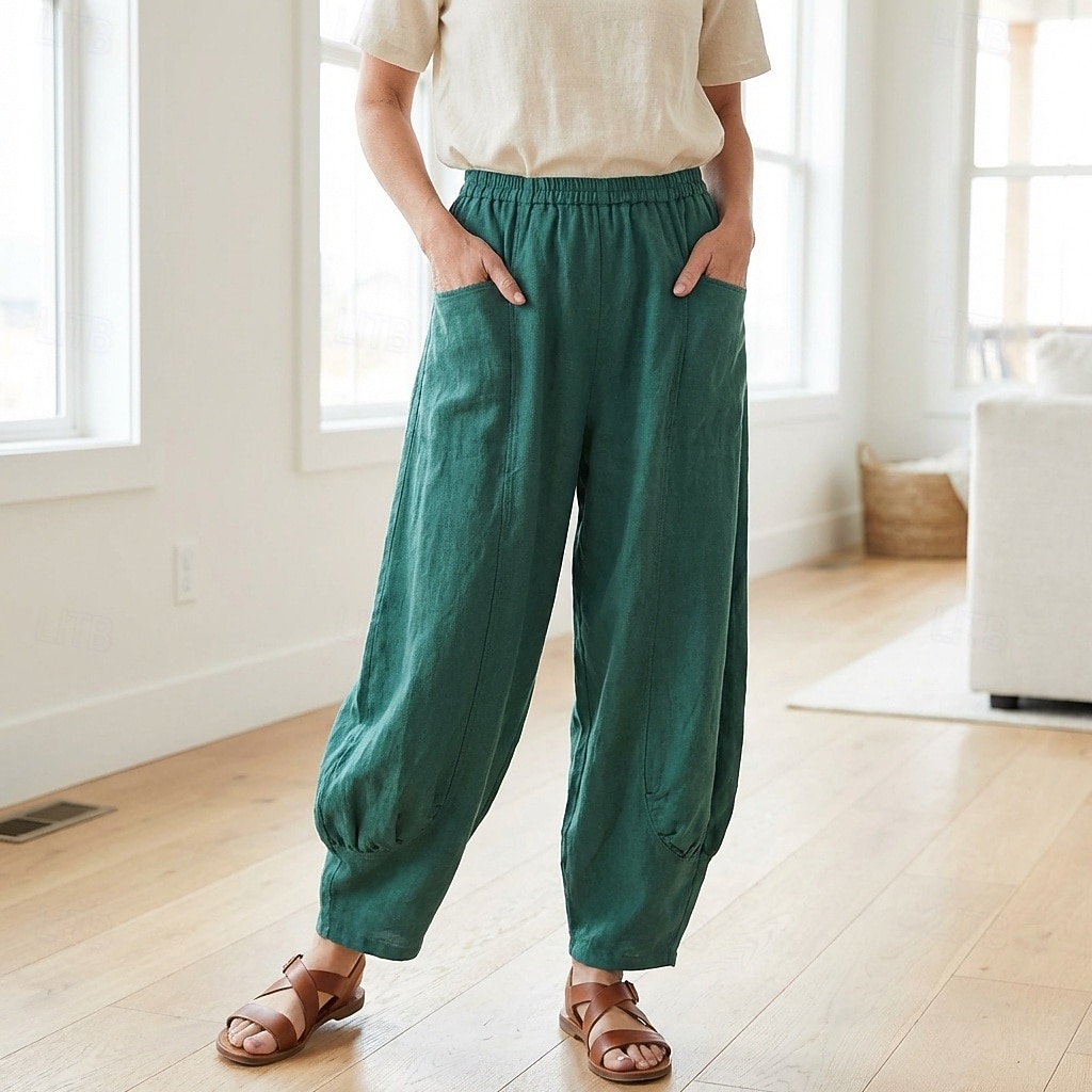 Damen-Leinenhose aus 70 % Leinen, weites Bein, Chino-Stil, Sommerhose, Urlaubshose, Streetwear, Basic, lange Länge, mittlere Bundhöhe, schlicht, Tasche, elastischer Bund, bequem, komfortabel, nicht elastisch, für Alltag, Outdoor, Straße, Bordeauxrot, Azur 2026 - $49.99 –P1