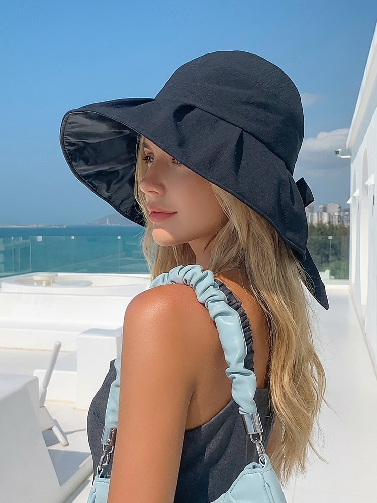 قبعة شمسية نسائية من البوليستر بحافة عريضة مزينة بفيونكة، قابلة للطي لحماية من الأشعة فوق البنفسجية، متوفرة بألوان متعددة، لون أنيق مناسب لعطلة الربيع والارتداء اليومي غير الرسمي 2026 - $11.99 –P6