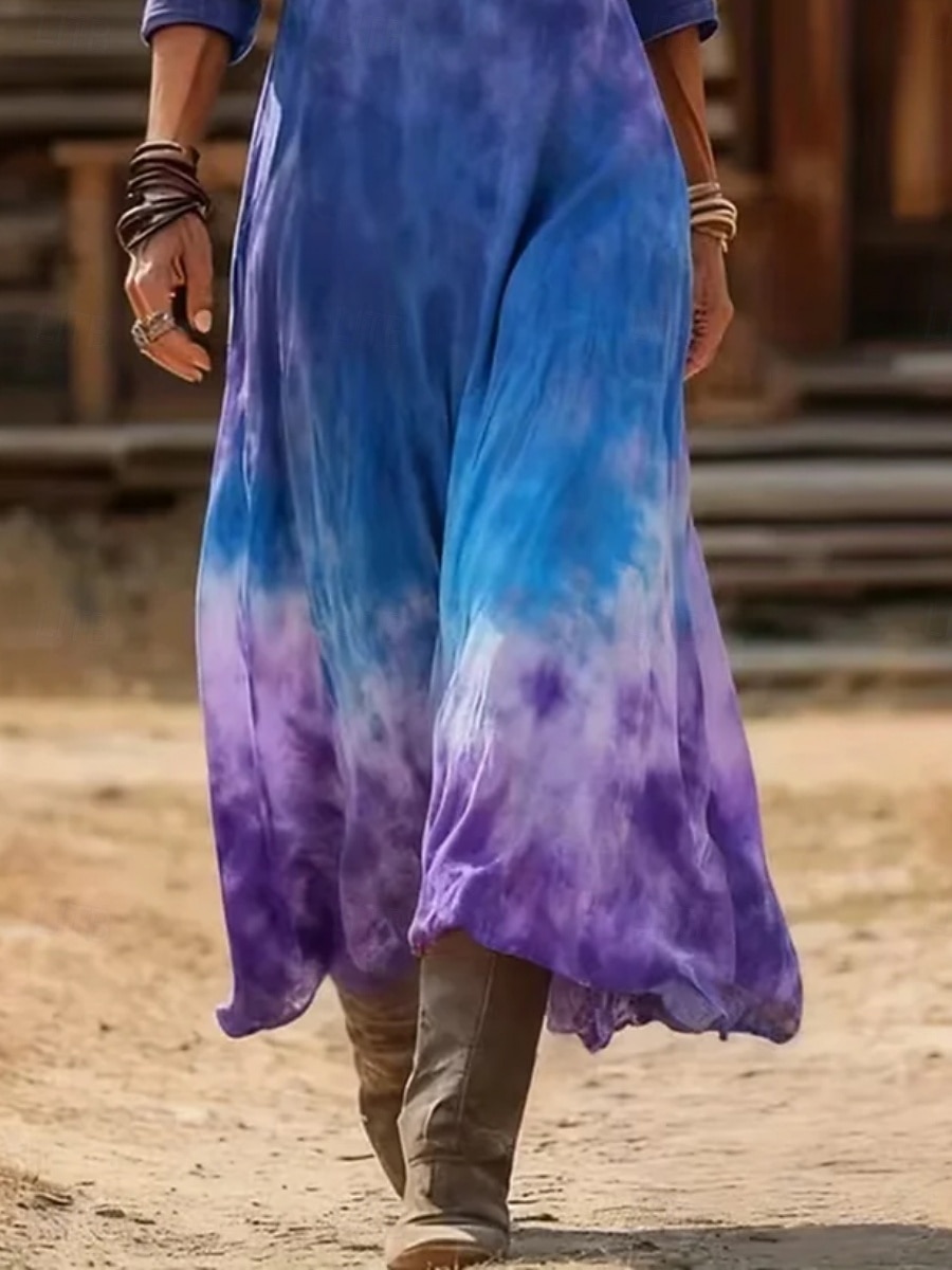 Mulheres Vestido maxi longo Vestido Boho Vestido antigo Vestido casual Vintage Diário Ao ar livre Férias Normal Tintura Tie Dye Manga Longa Decote V Azul Primavera Outono de 2026 por $37.99 –P3