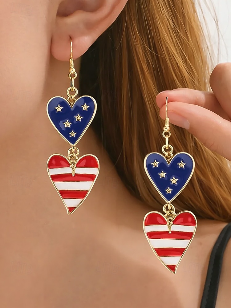 Orecchini pendenti patriottici in lega per donne per il 250° anniversario degli Stati Uniti stili multipli della bandiera USA e cuori gioielli dichiarativi rossi bianchi e blu per feste e festival del 2026 a $7.99 –P2