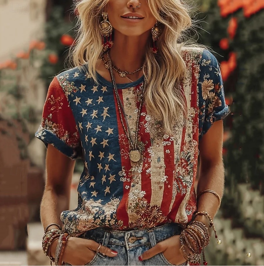 Ημέρα Αμερικανικής Ανεξαρτησίας Γυναικεία Μπλουζάκι Στάμπα Γραφική Γράμμα Αμερικάνικη σημαία Στυλάτο Κλασσικό Καθημερινό Κοντομάνικο Στρογγυλή Ψηλή Λαιμόκοψη Κανονικά μπλουζάκια Καθημερινά Ρουμπίνι 2026 - $7.99 –P3