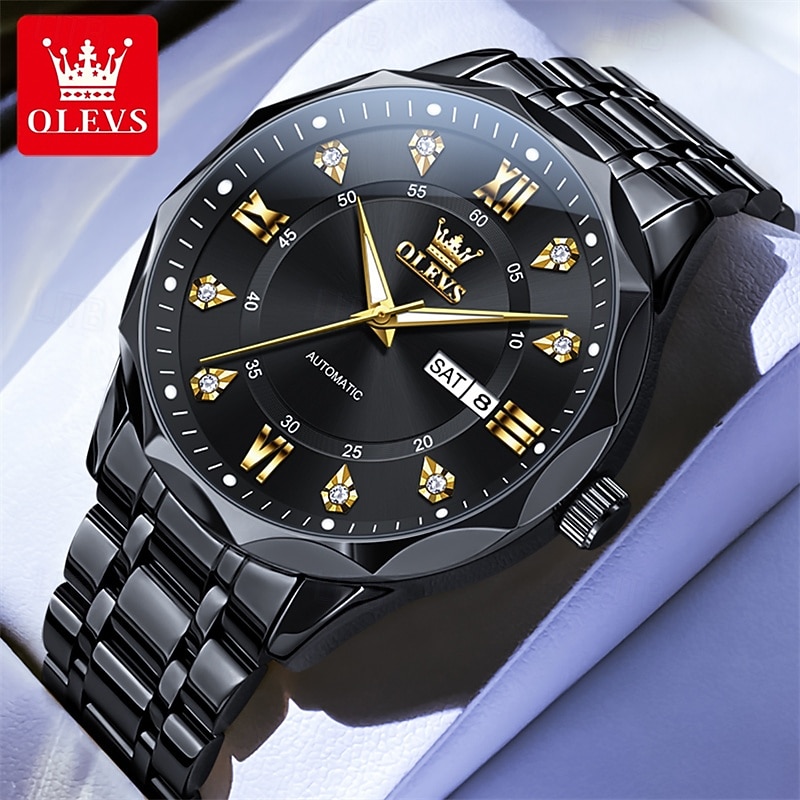 OLEVS Automatic Watch for Men, All Black Stainless Steel Luxury Business Self Winding Wristwatch with Day Date and Luminous Diamonds, Waterproof Analog Dress Watch, Gift for Husband Dad 2026 - $76.99 –P1