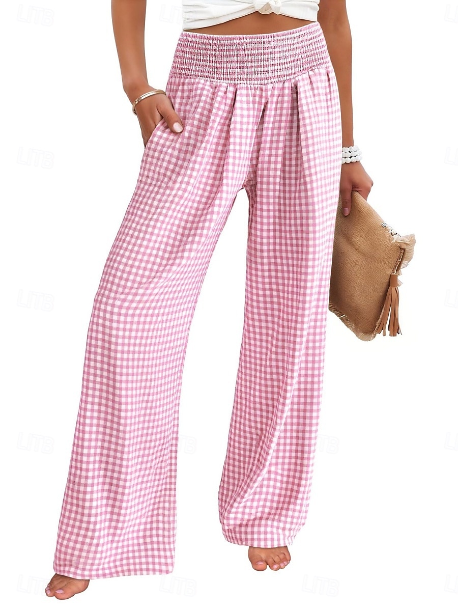 Women's Wide Leg Chinos Vacation Fashion Streetwear Full Length High Waist Plaid Pocket Elastic Waistband Printing Comfy Comfort Soft Stretchy Daily Outdoor Street Blue Black Yellow Pink Spring Fall 2026 - $27.99 –P14