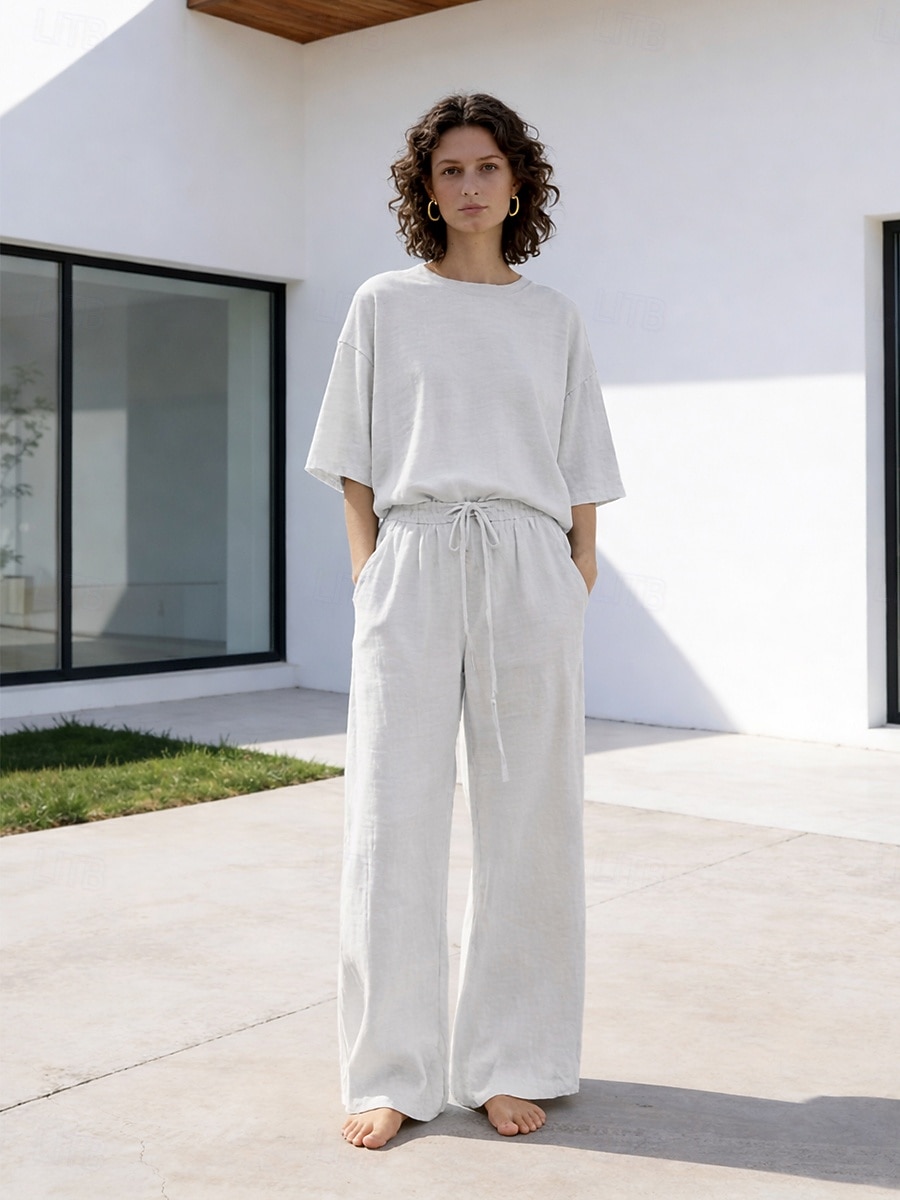 Completo pantaloni da donna in lino al 15%, completo in lino, tinta unita, tasca, elastico in vita, t-shirt, pantalone, casual, a maniche lunghe, girocollo, blu, nero, bianco, blu navy, marrone chiaro, estate, primavera del 2026 a $37.99 –P3