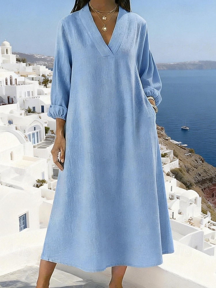 Women's Midi Dress Shift Dress Casual Dress Cotton Dress Fashion Modern Daily Weekend Loose Fit Plain Long Sleeve V Neck Blue Pink Green Khaki Summer Spring 2026 - $31.99 –P6