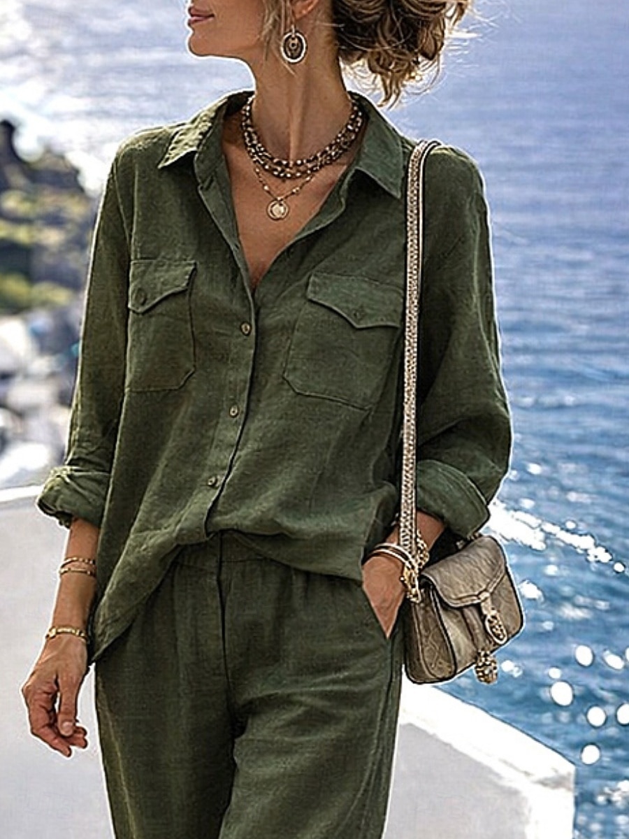 Damen Hosen-Sets Bolero Langarm Hemdkragen Einfarbig Mode Streetwear Lässig Täglich Outdoor Armeegrün Sommer Lässiger Schnitt 2026 - $41.99 –P3
