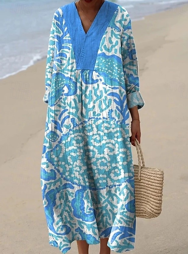 Women's Maxi Dress Sundress Shift Dress Vacation Casual Beach Going out Loose Fit Graphic Geometric Abstract Long Sleeve V Neck Blue Brown Khaki Summer Spring 2026 - $37.99 –P3