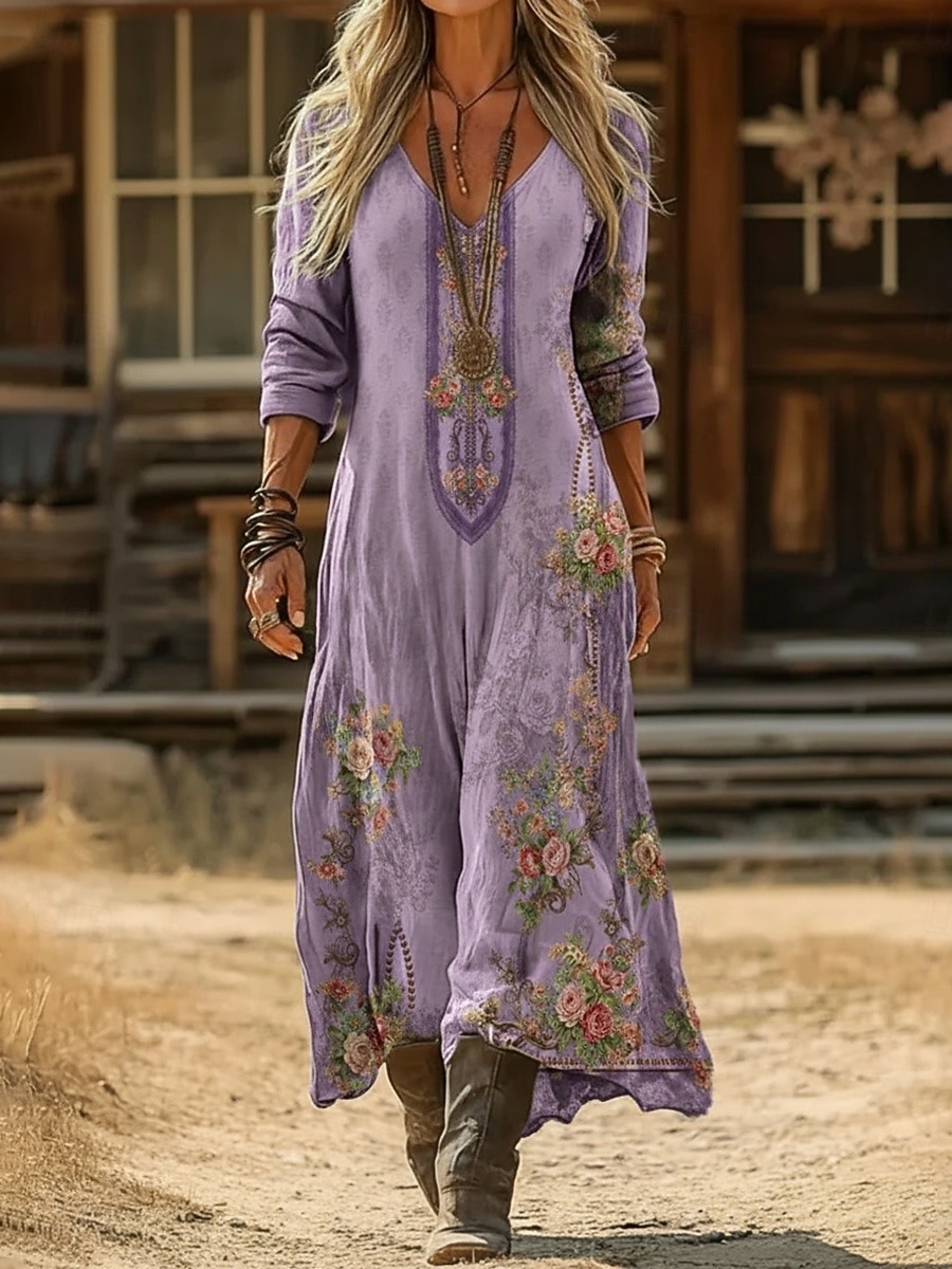 Dam Maxiklänning Boho-klänning Vintage klänning Vardagsklänning Vintage Dagligen Utomhus Semester Lös passning Blommig Långärmad V-hals Blå Marinblå Purpur Grön Vår Höst 2026 - $16.99 –P5