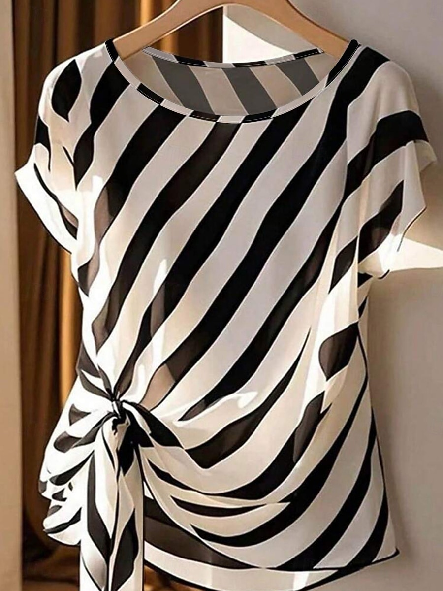 Mujer Camiseta Camiseta superior Estampado A Rayas Moda Elegante Clásico Manga Corta Cuello Barco Tops regulares Diario Noche Fin de semana Negro Rojo Verde Trébol Verano Primavera 2026 - $19.99 –P1
