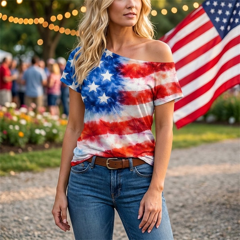 250° anniversario USA Retrò Vintage Anni '80 T-shirt Monospalla Maniche corte Bandiera USA Costume Per donna 4 Luglio Giorno dell'Indipendenza Adulti Maglietta del 2026 a $18.99 –P1