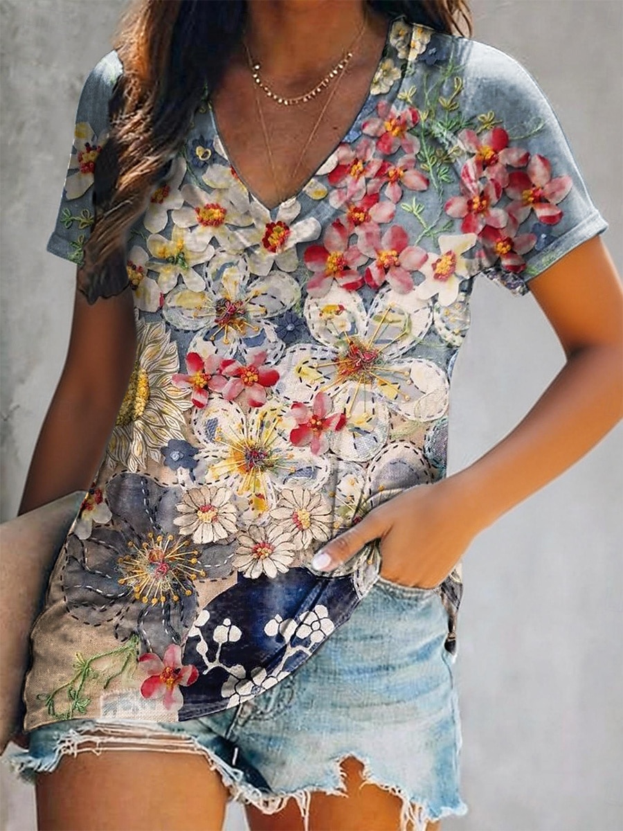Mujer Camiseta Estampado Floral Pintada Bohemia Vintage Casual Manga Corta Escote en Pico Tops regulares Diario Azul Piscina Verano Primavera 2026 - $21.99 –P1