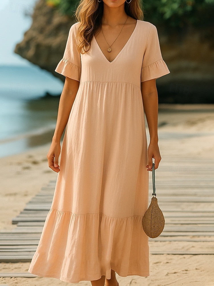 Pentru femei Rochii Midi Rochie casual Rochie din Bumbac Rochie A line Modă Modern Zilnic Plajă Vacanță Potrivire Largă Simplu Manșon scurt În V Albastru piscină Alb Portocaliu Trifoi Vară Primăvară 2026 - $27.99 –P2