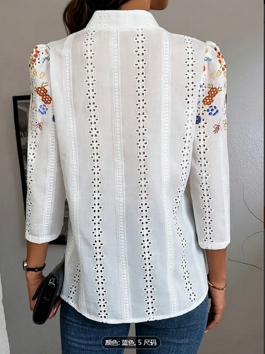 Women's Blouse Embroidered Print Floral Stylish Casual Long Sleeve V Neck Mandarin Collar Regular Tops Daily Blue Red Green Summer Spring Fall 2026 - $35.99 –P7