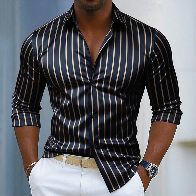Homens Camisa Social Blusa de cetim Saia camisa de botão Camisa de formatura Tiras verticais O negócio Casamento Preto Vinho Azul Marinha Verde Manga Longa Aberto para a Lateral Todas as Estações de 2026 por $31.99 –P3