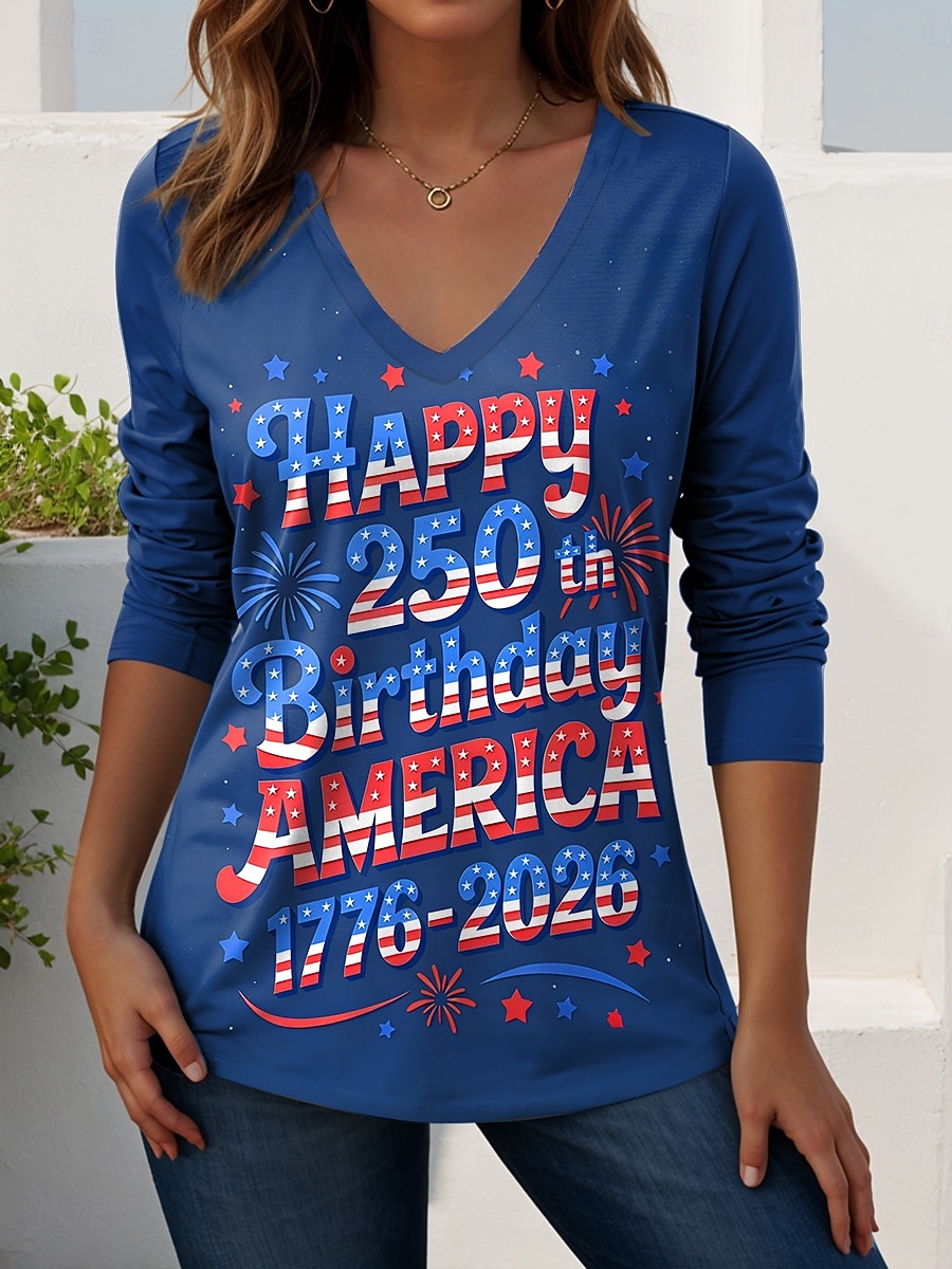 Ημέρα Αμερικανικής Ανεξαρτησίας Γυναικεία Μπλουζάκι Στάμπα Γραφική Αμερικάνικη σημαία Βίντατζ Στυλάτο Καθημερινό Μακρυμάνικο Λαιμόκοψη V Κανονικά μπλουζάκια Καθημερινά Σαββατοκύριακο 2026 - $24.99 –P2