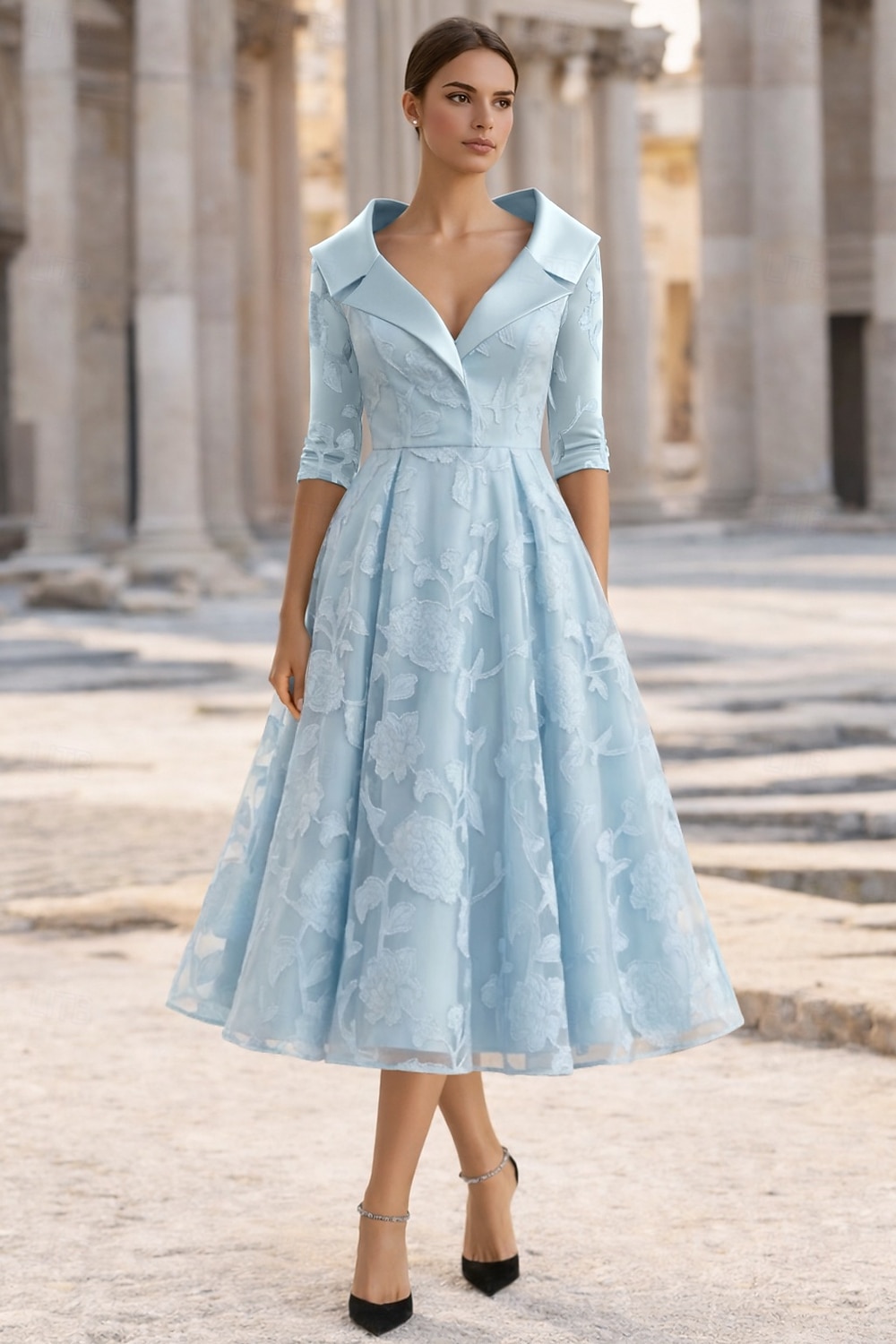 А-силуэт Ниже колена Платье для вечеринки Коктейльные платья Свадебное платье для гостей Платье для матери невесты Рукав 3/4 Рубашечный воротник Элегантный стиль Винтаж 2026 - $163.99 –P2