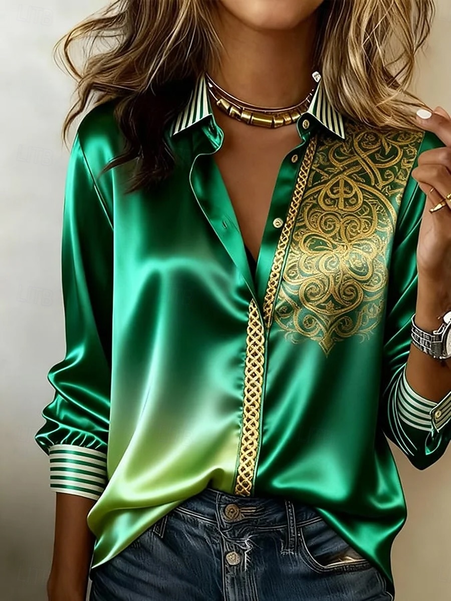 Women's Shirt Satin Shirt Print Floral Graphic Bohemia Vintage Classic Long Sleeve Shirt Collar Regular Tops Daily Holiday Going out White Gold Green Summer Spring Fall 2026 - $24.99 –P3