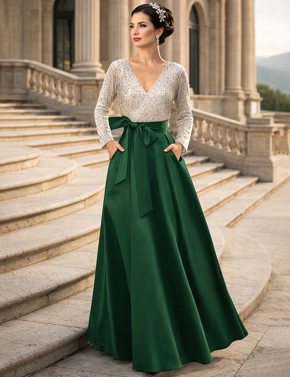Ligne A Longueur au sol Robe d'invité de mariage Robe de Cérémonie Robe Évasée Robe de Mère de Mariée  manche longue Col en V Élégant Mariage Formel robe demoiselle d honneur Satin avec Paillettes de 2026 ? $172.99 –P3