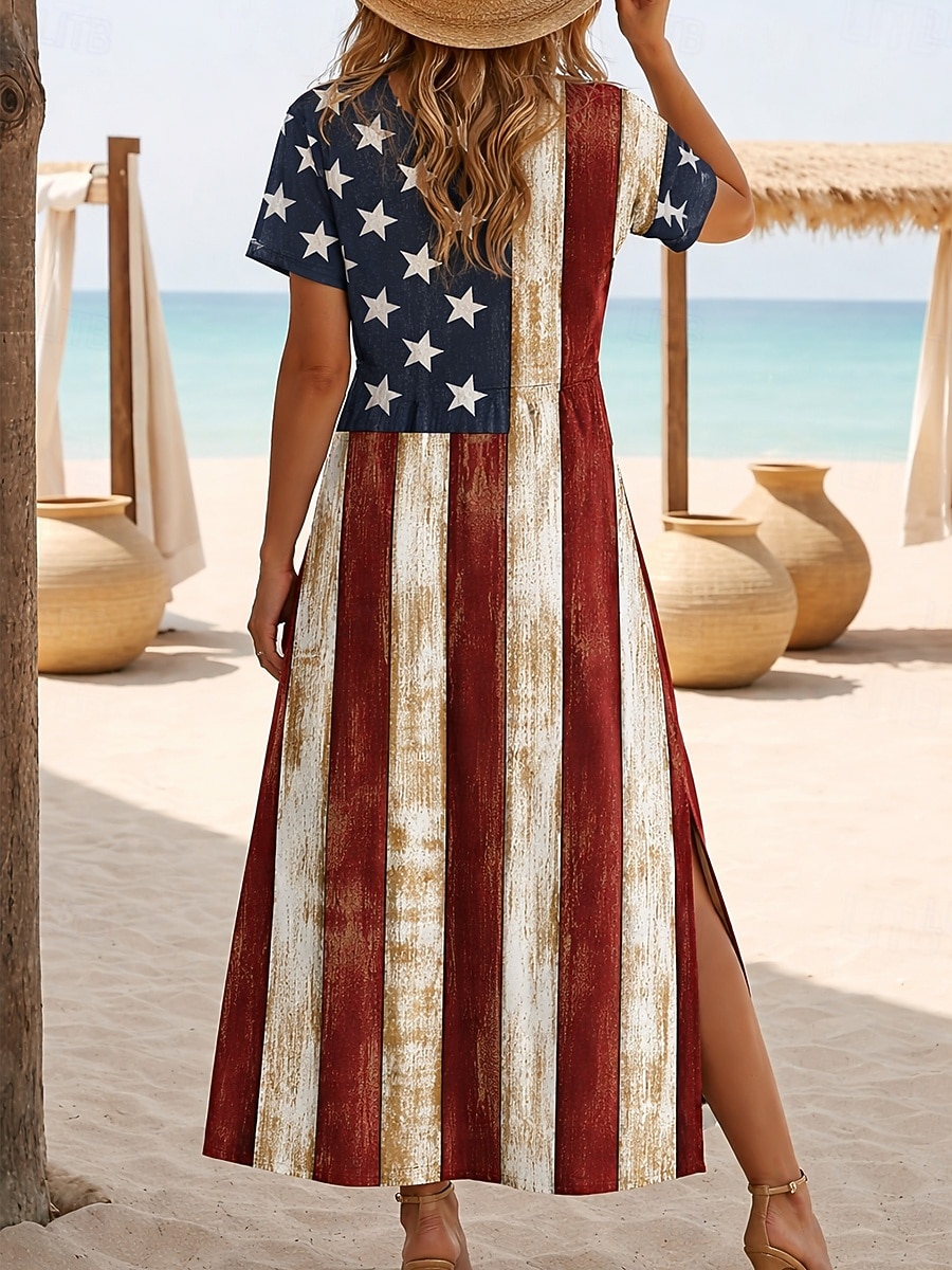 Uavhengighetsdag Patriotisk Kvinne Maxi Kjole Lange Ermer Boho Kjole Elegant Vintage Sommerfugl Ermer Ferie Strand Vanlig Passform Flagg Vintage Korte Ermer Rund Hals Blå Sommer 2026 - $25.99 –P5