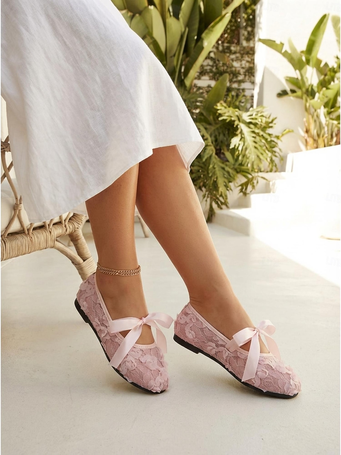 Rosa Ballerinas mit floraler Spitze für Damen – romantische Mary-Jane-Schuhe aus Mesh mit Schleife für Outdoor-Resorts und Gartenpartys &Sommerferien 2026 - $19.99 –P4