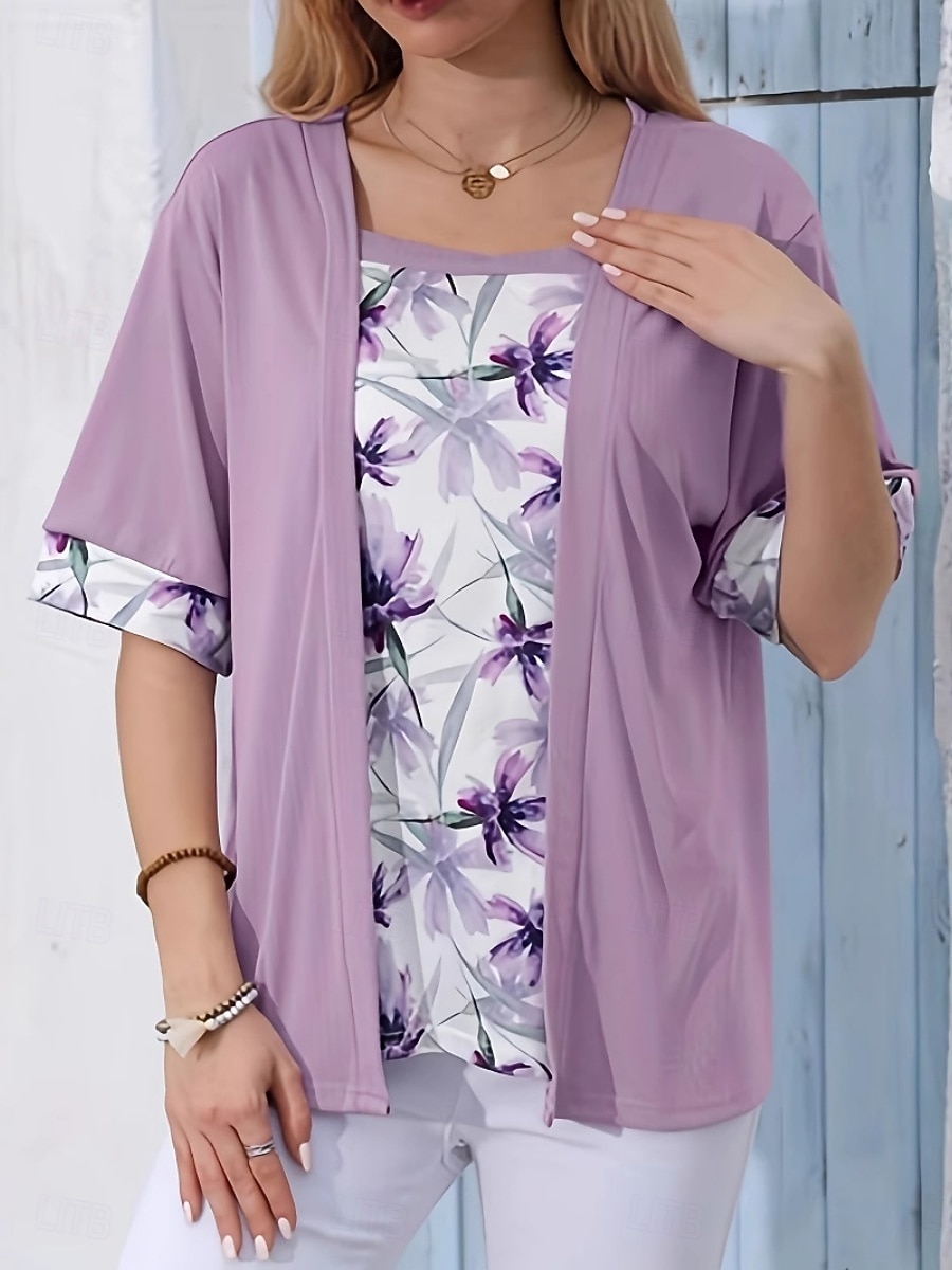 Damen Bluse Patchwork Blumen Elegant Urlaub Lässig Halbarm Quadrathals Normale Oberteile Täglich Himmelblau Purpur Grün Khaki Sommer Frühling 2026 - $24.99 –P3