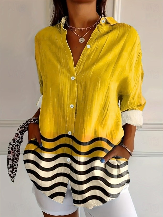 Damskie Koszula Bluzka Niejednolita całość Guziki Nadruk Graficzny Geometryczny Kratka Zabytkowe Tropikalny Codzienny Długi rękaw Kołnierzyk koszuli Zwykłe topy Codzienny Niebieski Czarny Biały Żółty 2026 - $32.99 –P12