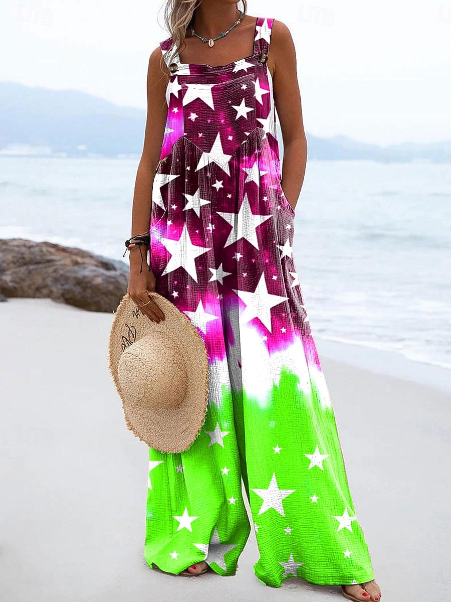 Unabhängigkeitstag Patriotic Damen Latzhosen Aktiv Floral Ärmellos Ärmellos Weite Beine Quadrat-Ausschnitt Pocket Knöpfe Täglich Strand Lockere Passform Rot Lila Orange Sommer 2026 - $43.99 –P4
