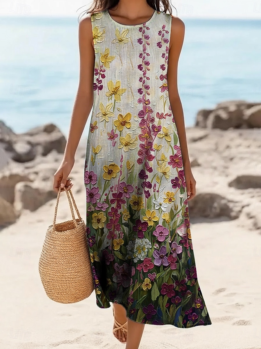 Women's Midi Dress Faux Cotton Linen Shift Dress Sundress Casual Dress Vintage Daily Outdoor Vacation Regular Fit Floral Sleeveless Crew Neck Purple Summer Spring 2026 - $37.99 –P1