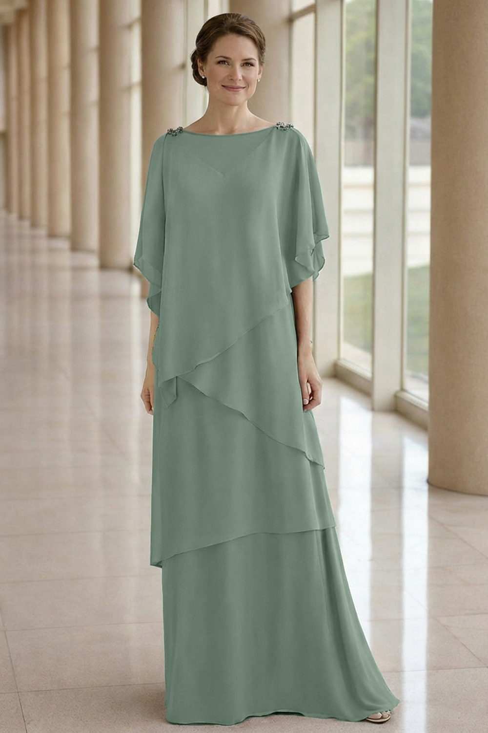 Linea ad A Lunghezza al pavimento Abito da invitata a nozze Abito Formale Abito a Strati Abito da cerimonia per signora Mezza Manica Scollo a Barca Elegante Formale Ospite di nozze Chiffon con Volant del 2026 a $183.99 –P11