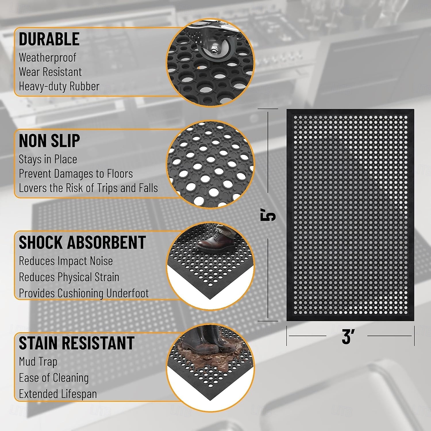 Heavy Duty Rubber Floor Mat – Non-Slip, Waterproof, Easy to Clean – Anti-Fatigue Mat for Commercial Kitchens, Restaurants, Workshops – Oil Resistant, Hose Washable 2026 - $28.99 –P7