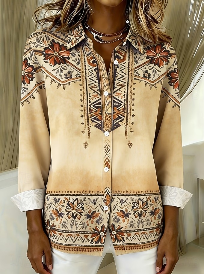 Damen Hemd Bluse Patchwork Knöpfe Druck Grafik Geometrisch Karomuster Vintage Tropisch Täglich Langarm V Ausschnitt Hemdkragen Lange Oberteile Täglich Strandbekleidung Urlaubskleidung Blau Schwarz 2026 - $32.99 –P3