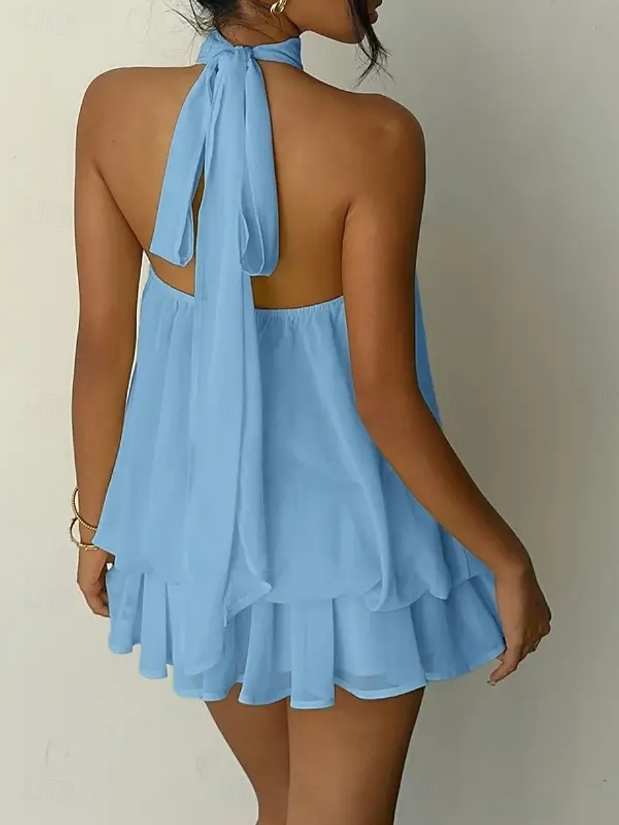 Dames Mini-jurk Zomerjurk halter jurk Casual Dagelijks Strand Feestdagen Ruim Passend Effen Mouwloos Halternek Geel Rood Hemelsblauw Bruin Zomer Lente 2026 - $33.99 –P15